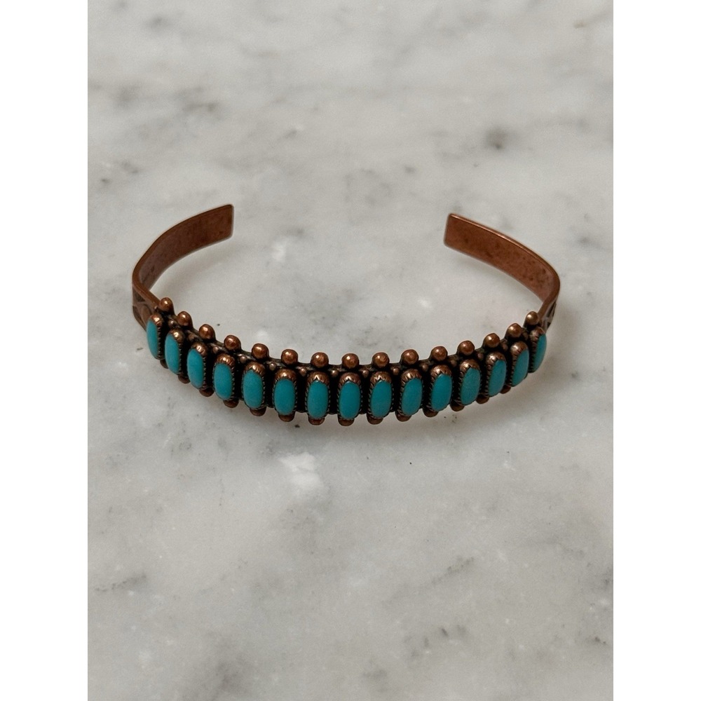 Copper Turquoise Cuff Bracelet Stamped Copper Vintage